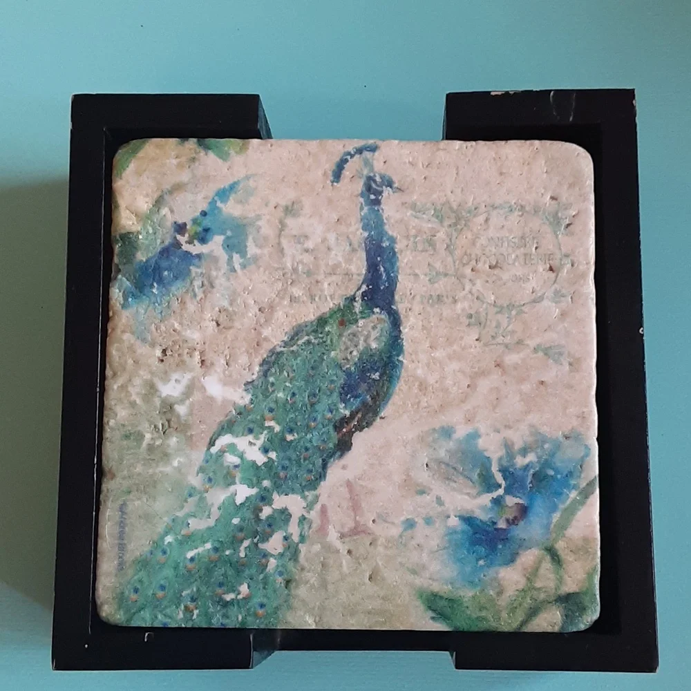 Peacock Image on 4"x4" natural stone coaster, set, walnut holder, cream blu/gr - Picture 2 of 14